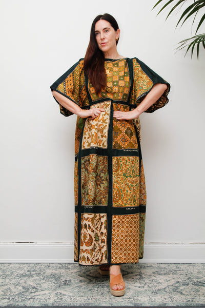 Vintage 1970s Patchwork Print Kaftan Maxi Dress