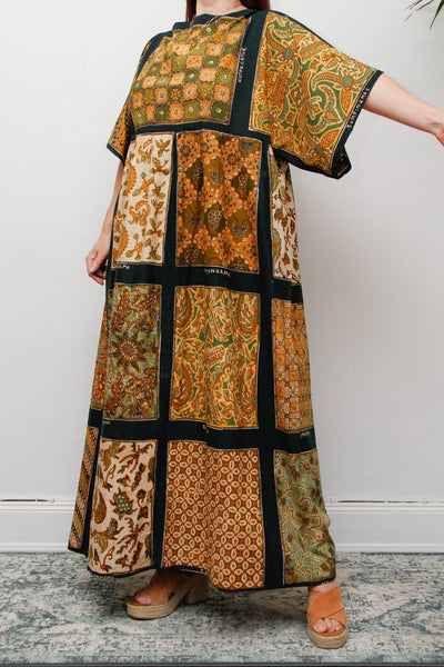 Vintage 1970s Patchwork Print Kaftan Maxi Dress