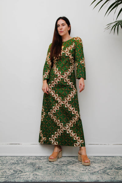 Vintage 1970s Green Geometric Cotton Maxi Dress