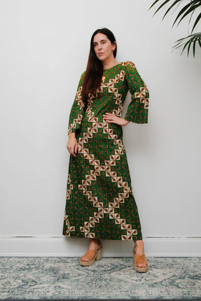 Vintage 1970s Green Geometric Cotton Maxi Dress
