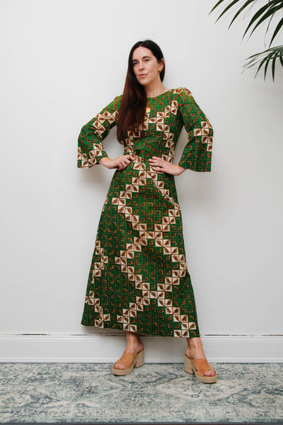 Vintage 1970s Green Geometric Cotton Maxi Dress