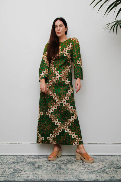 Vintage 1970s Green Geometric Cotton Maxi Dress