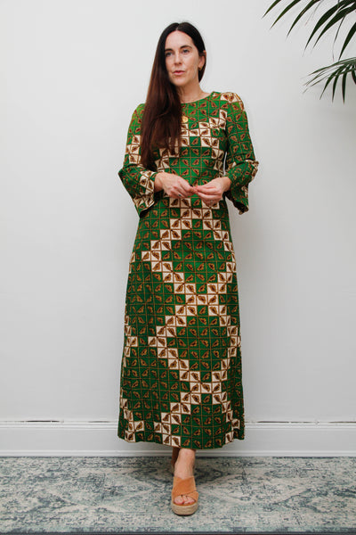 Vintage 1970s Green Geometric Cotton Maxi Dress