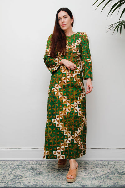 Vintage 1970s Green Geometric Cotton Maxi Dress