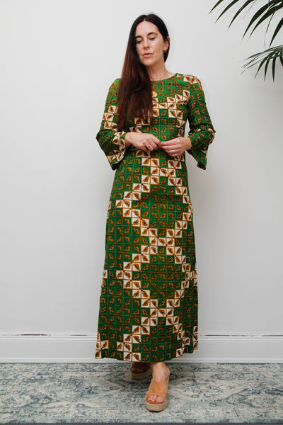 Vintage 1970s Green Geometric Cotton Maxi Dress