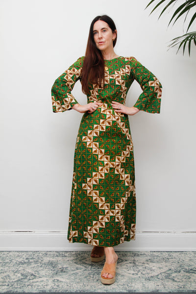 Vintage 1970s Green Geometric Cotton Maxi Dress