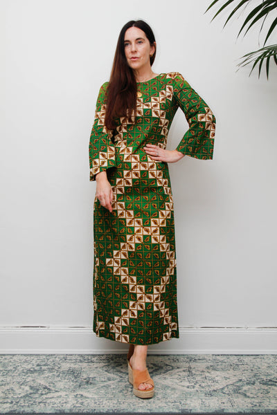 Vintage 1970s Green Geometric Cotton Maxi Dress