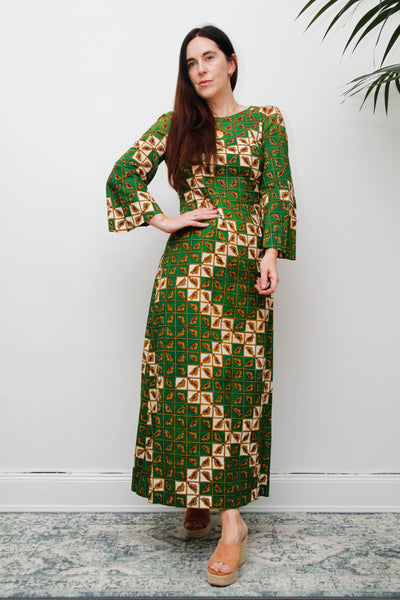 Vintage 1970s Green Geometric Cotton Maxi Dress
