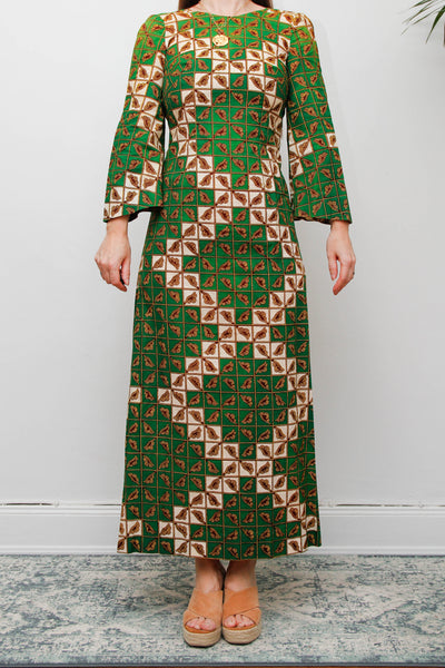 Vintage 1970s Green Geometric Cotton Maxi Dress