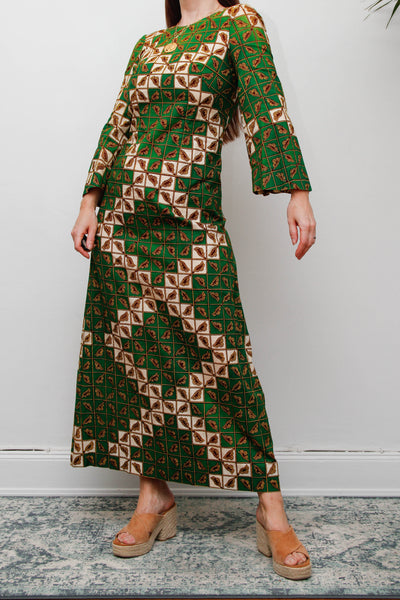 Vintage 1970s Green Geometric Cotton Maxi Dress