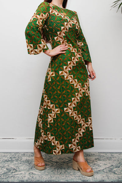 Vintage 1970s Green Geometric Cotton Maxi Dress