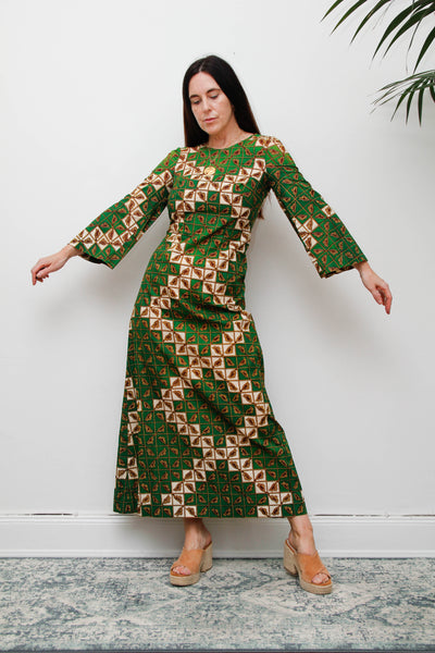 Vintage 1970s Green Geometric Cotton Maxi Dress