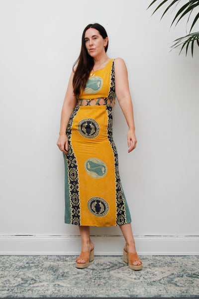 Vintage Scenic Print Maxi Dress, Mediterranean Bohemian Holiday Dress