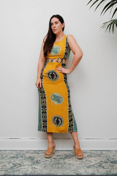 Vintage Scenic Print Maxi Dress, Mediterranean Bohemian Holiday Dress