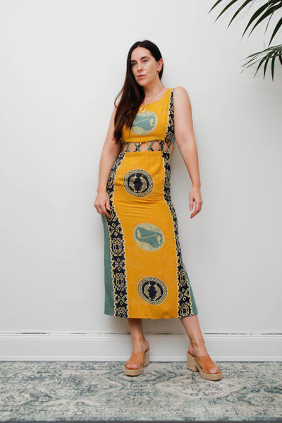Vintage Scenic Print Maxi Dress, Mediterranean Bohemian Holiday Dress