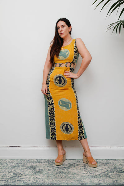Vintage Scenic Print Maxi Dress, Mediterranean Bohemian Holiday Dress