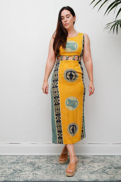 Vintage Scenic Print Maxi Dress, Mediterranean Bohemian Holiday Dress