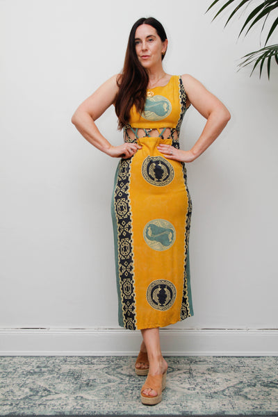 Vintage Scenic Print Maxi Dress, Mediterranean Bohemian Holiday Dress