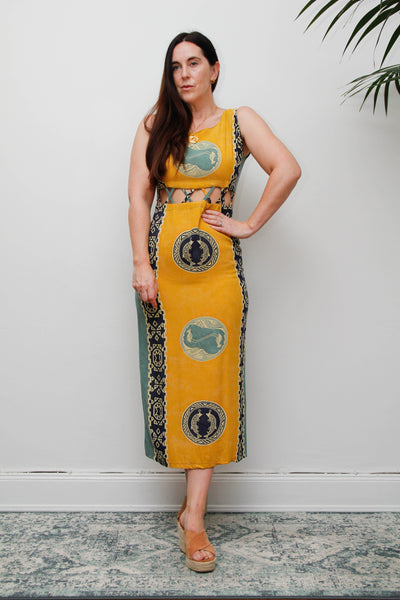 Vintage Scenic Print Maxi Dress, Mediterranean Bohemian Holiday Dress
