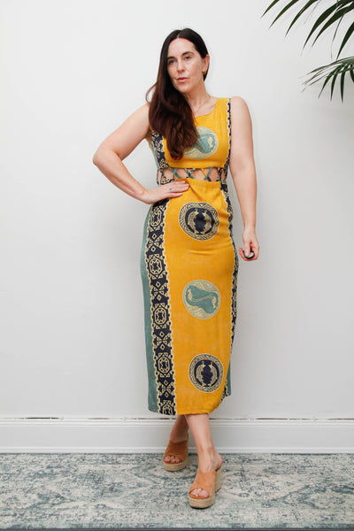 Vintage Scenic Print Maxi Dress, Mediterranean Bohemian Holiday Dress