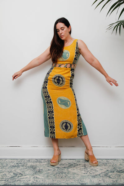 Vintage Scenic Print Maxi Dress, Mediterranean Bohemian Holiday Dress