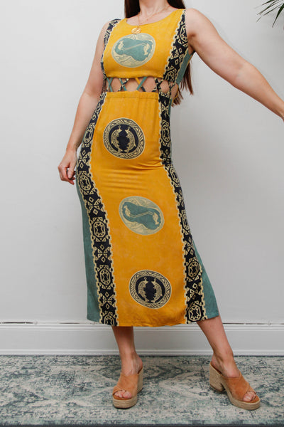Vintage Scenic Print Maxi Dress, Mediterranean Bohemian Holiday Dress