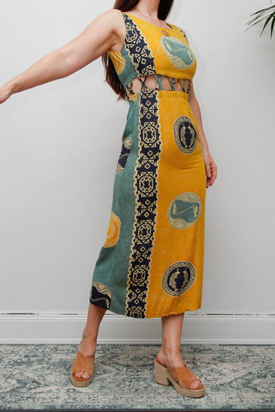 Vintage Scenic Print Maxi Dress, Mediterranean Bohemian Holiday Dress