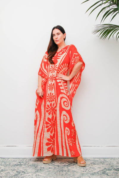 Vintage 1970s Orange Batik Cotton Gauze Maxi Dress with Wizard Sleeves