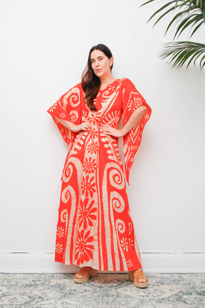 Vintage 1970s Orange Batik Cotton Gauze Maxi Dress with Wizard Sleeves
