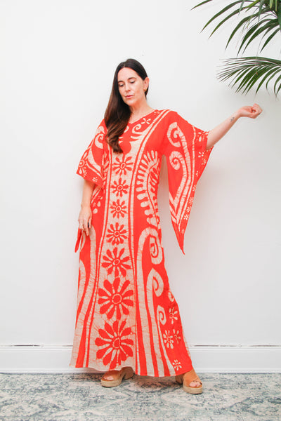 Vintage 1970s Orange Batik Cotton Gauze Maxi Dress with Wizard Sleeves