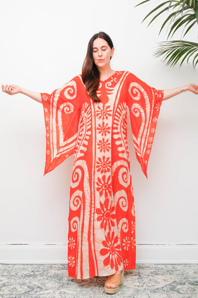 Vintage 1970s Orange Batik Cotton Gauze Maxi Dress with Wizard Sleeves