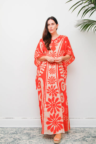 Vintage 1970s Orange Batik Cotton Gauze Maxi Dress with Wizard Sleeves