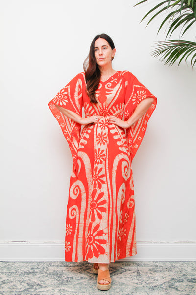 Vintage 1970s Orange Batik Cotton Gauze Maxi Dress with Wizard Sleeves