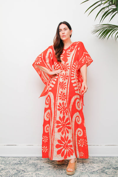Vintage 1970s Orange Batik Cotton Gauze Maxi Dress with Wizard Sleeves