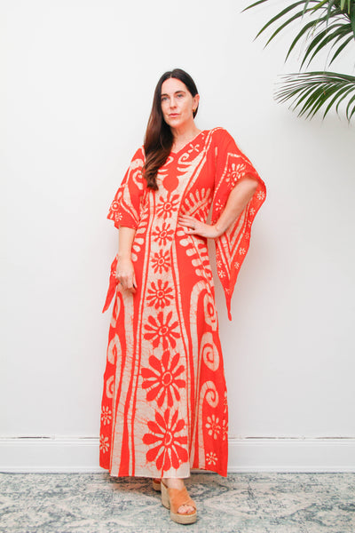 Vintage 1970s Orange Batik Cotton Gauze Maxi Dress with Wizard Sleeves