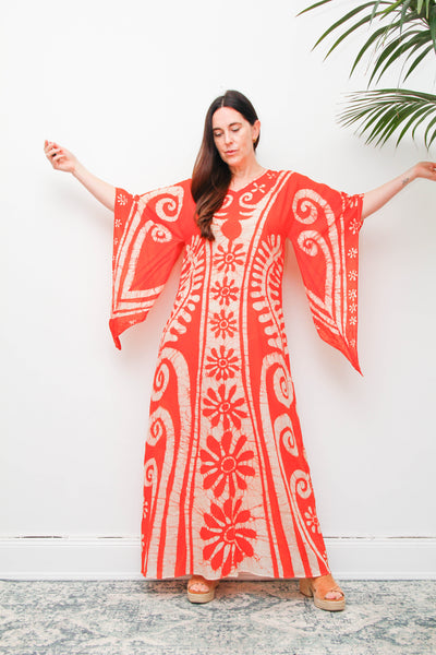 Vintage 1970s Orange Batik Cotton Gauze Maxi Dress with Wizard Sleeves
