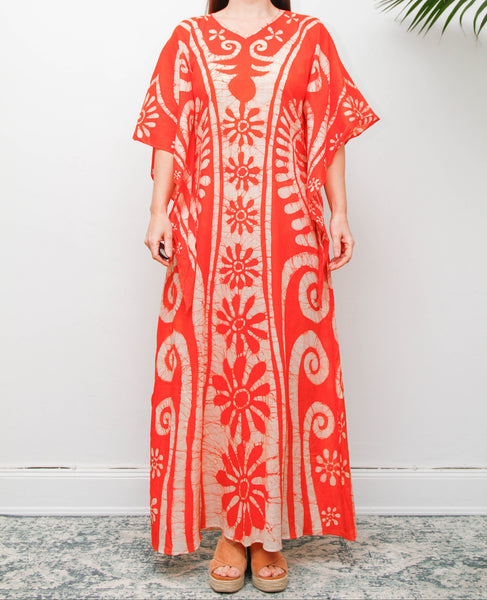 Vintage 1970s Orange Batik Cotton Gauze Maxi Dress with Wizard Sleeves