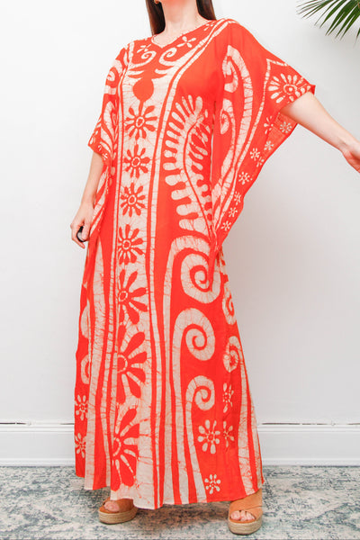 Vintage 1970s Orange Batik Cotton Gauze Maxi Dress with Wizard Sleeves