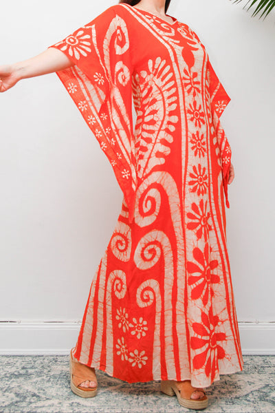 Vintage 1970s Orange Batik Cotton Gauze Maxi Dress with Wizard Sleeves