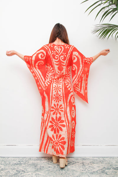 Vintage 1970s Orange Batik Cotton Gauze Maxi Dress with Wizard Sleeves