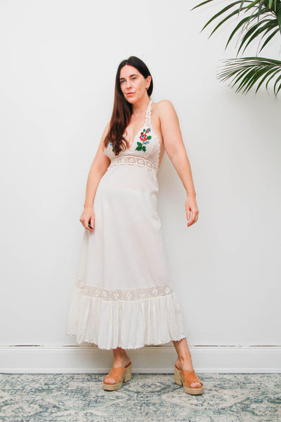 Rare 1970s Embroidered Cheesecloth Cotton Halter Maxi Dress
