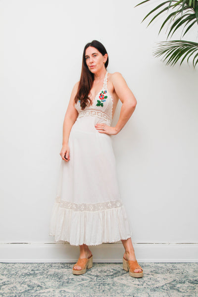 Rare 1970s Embroidered Cheesecloth Cotton Halter Maxi Dress