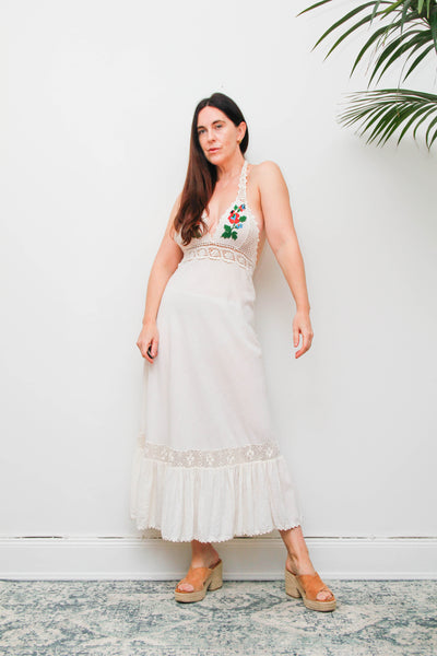 Rare 1970s Embroidered Cheesecloth Cotton Halter Maxi Dress