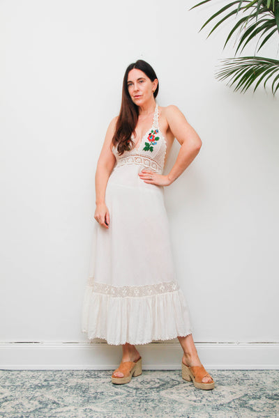 Rare 1970s Embroidered Cheesecloth Cotton Halter Maxi Dress