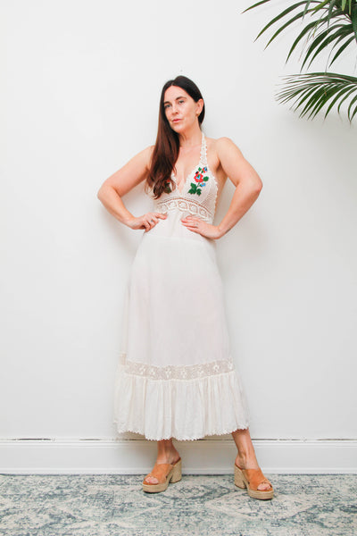 Rare 1970s Embroidered Cheesecloth Cotton Halter Maxi Dress