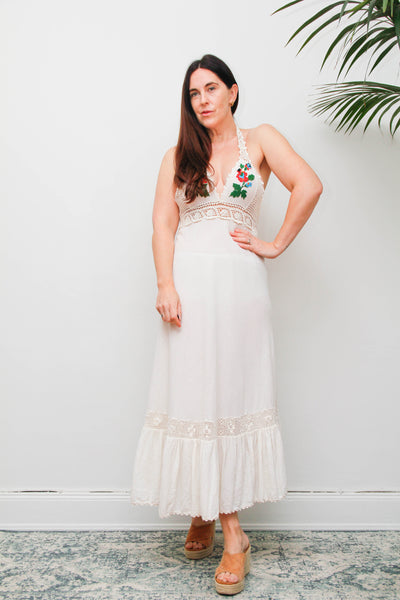 Rare 1970s Embroidered Cheesecloth Cotton Halter Maxi Dress