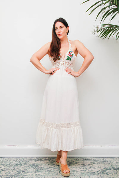 Rare 1970s Embroidered Cheesecloth Cotton Halter Maxi Dress