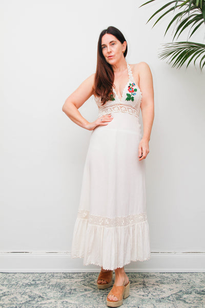 Rare 1970s Embroidered Cheesecloth Cotton Halter Maxi Dress