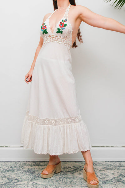 Rare 1970s Embroidered Cheesecloth Cotton Halter Maxi Dress