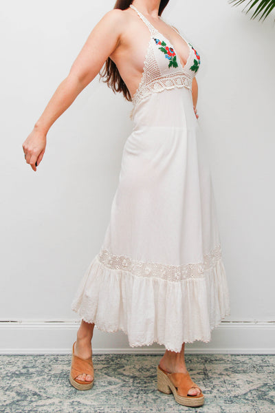 Rare 1970s Embroidered Cheesecloth Cotton Halter Maxi Dress